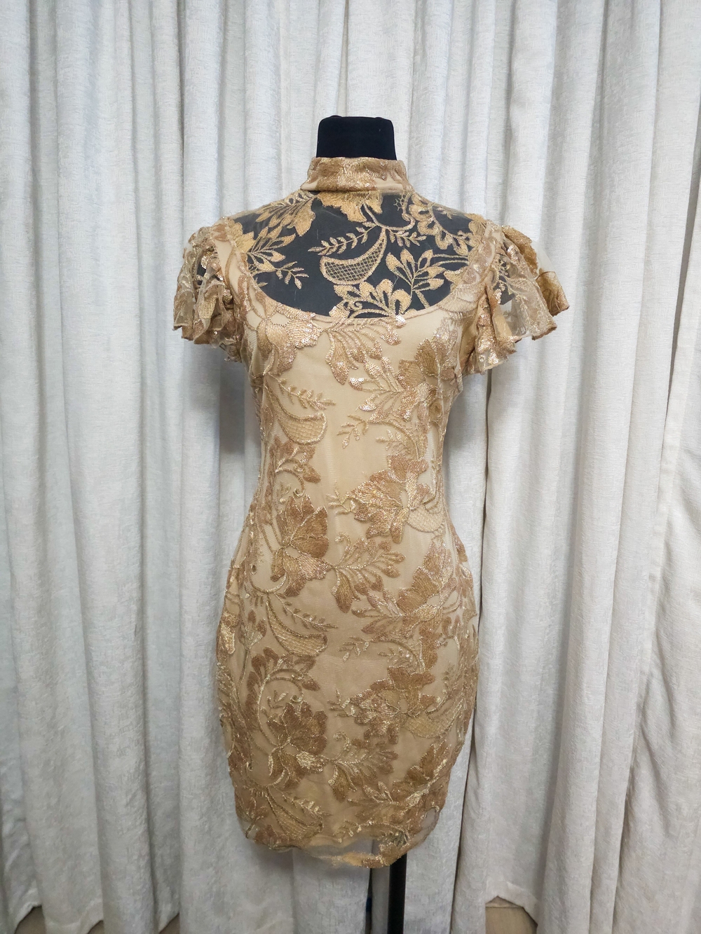 Va Va Voom Gold Lace Floral Mini Dress